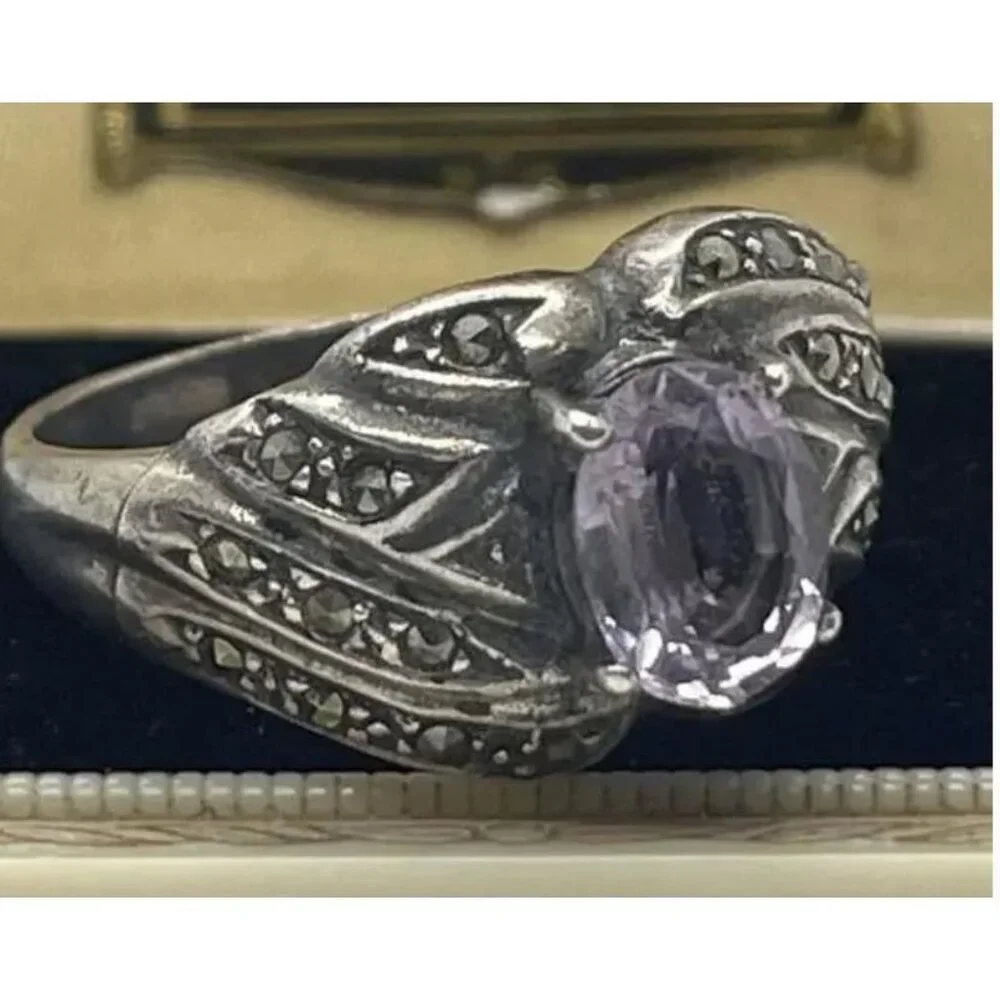 Vintage Art Deco Amethyst Marcasite Ring - Size 9